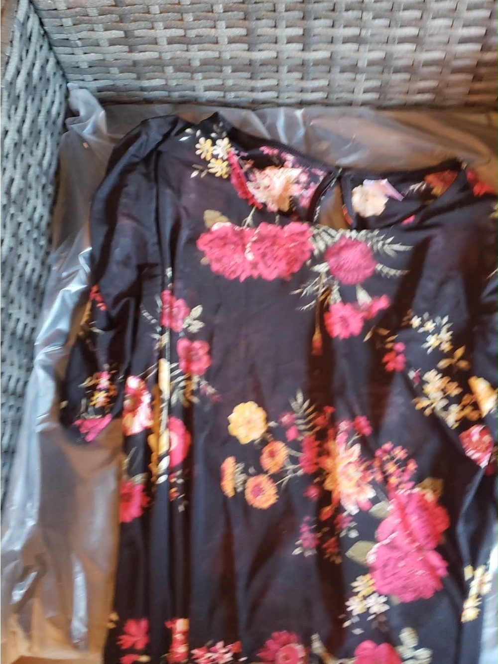 Floral Long-Sleeve Black Top with Pink and Yellow Blooms